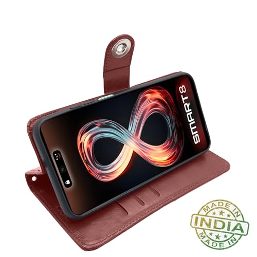 Image of Pikkme Infinix Smart 8 HD Flip Cover Leather Finish | Inside TPU with Card Pockets | Wallet Stand and Shock Proof | Complete Protection Button Flip Case (Brown)