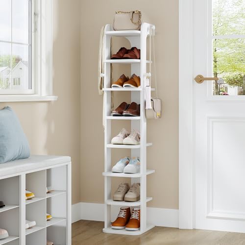 Hzuaneri Vertical Shoe Rack, 8 Tier Narrow Shoe Rack For Small Space, Wooden Shoes Organizer With Hooks, Adjustable Slim Shoes Tower for Entryway, Living Room, Bedroom, White SR20803X