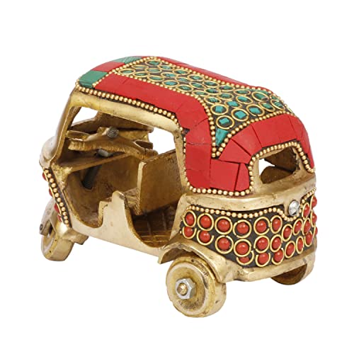 Kartique Brass Auto Rickshaw Handcrafted Indian Souvenir | Tuk Tuk Vehicle Decor | Stone-Studded Showpiece & Gift Item (Red)