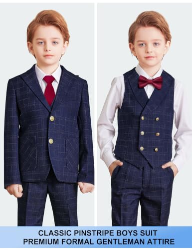 Boys Formal Suit Slim Fit Tuxedo Ring Bearer Outfit Navy Blue Plaid Size 10 - image 3