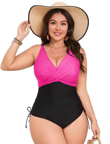 ShopWonder Women Plus Size Swimsuit V Neck One Piece Swimwear Ruched Drawstring Tummy Control Bathing Suit