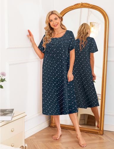 Image of Bloggerlove Nightgowns for Women Soft 100% Cotton House Dress Short /Long Sleeve Night Gowns Comfy Sleepwear S-3XL