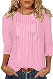 rosemia Womens Tops 3/4 Length Sleeve Blouses Dressy Casual Pleated Front T Shirts Loose Fit Tunic, Pink Color, XL