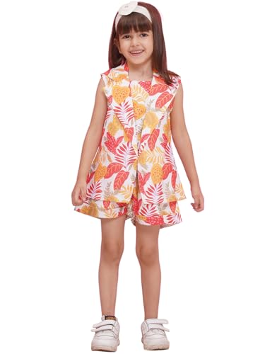 Image of AJ DEZINES Kids Clothing Floral Printed Pure Cotton Top Shorts With Jacket Cord Set for Girls
