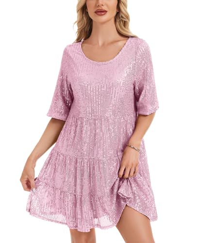 Kyzoeyou Kurzarm Glitzer Sommerkleid Damen mit Pailletten Midi Kleider Leicht Kleid Casual Tunika Plissee Swing Freizeitkleid(Pink,M)