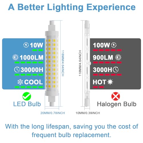 Image of R7S LED Bulb Dimmable 120V 100W 118mm T3 J Type Halogen Bulb Equivalent,4.64 inch Long Double Ended Floodlight Bulbs for Work,Security,Landscape Lights,Floor Lamps,Natural White 4000K,2 Pack