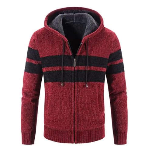 Men’S Fleece Lined Knitted Hooded Sweatercoat Patchwork Turn-Down Collar Long Sleeve Full Zip Casual Cardigan3