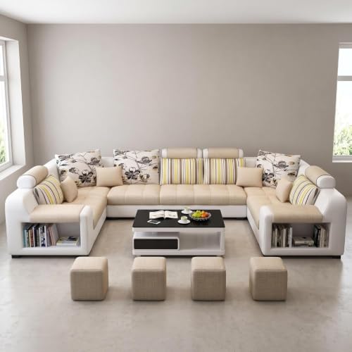 Image of Torque Callister 12 Seater Sofa Set for Living Room (Beige) | Interchangeable U Shape Sectional Sofa | Solid Wood Frame & High-Density Supersoft Foam | Includes Puffy & Stool | Modern Home Furniture