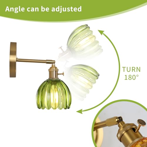 Image of Vintage Wall Sconces Set of 2 Corded Wall Sconce Indoor Wall Mount Lamp with Tulip Glass Shade 180Adjustable Victorian Art Wall Light with Twist Switch for Bedside Doorway (Green, Hardwired)