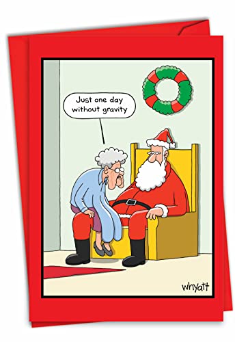 NobleWorks - Joke Christmas Card with Envelope (4.63 x 6.75 Inch) - Funny Cartoon Xmas Greeting Card, Adults - Gravity Granny C7098XSG