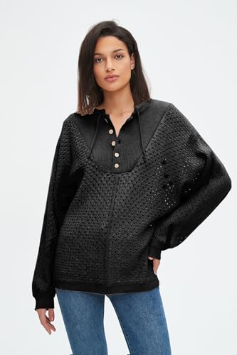 Image of EZAPINE Women's Oversized Crochet Sweater Pullover Drawstring Long Sleeve Button Hollow Out Knit Crochet Top Blouses