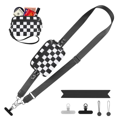 Image of YFWE Clip and Go Strap for Phone with Wallet Crossbody, Adjustable Phone Lanyard with Detachable RFID Wristlet Wallet, Phone Strap with Phone Tabs for All Phones, Black Checkered (M)