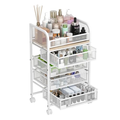 MODCART Makeup Organizer with 4 Drawers, Skincare Storage, Floor Skincare Organizers with Wheels Nameplates,Vanity Cosmetic Holder for Perfume, Nail Polish, Brushes, White