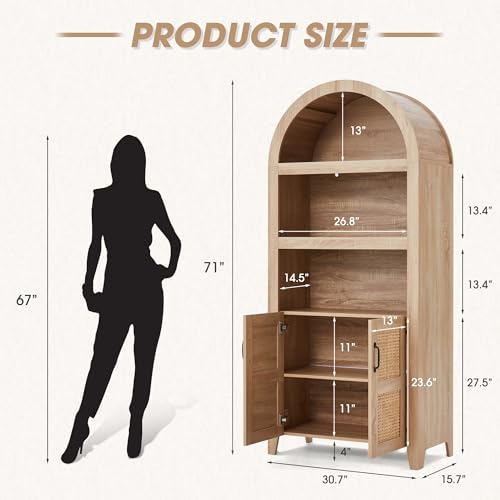 image for HABUTWAY 72'' Arched Storage Cabinet with Beech-Rattan Door, Tall Book
