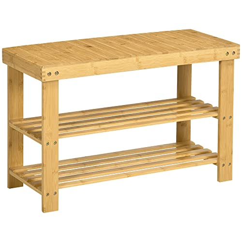 HOMCOM Banc à Chaussures Étagère Chaussures Rangement pour Entrée à 3 Niveaux en Bambou dim. 70L x 28l x 45H cm Bois Naturel