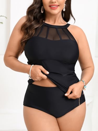CUPSHE Women’s Plus Size Tankini Sets High Neck Mesh Cutouts Two Piece Swimsuits Adjustable Straps Mid Rise4