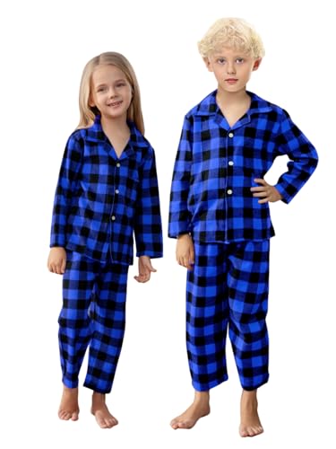 Schbbbta Pajamas for Mens, Flannel Black Blue Family Plaid Pajamas Cotton 2-Piece Button Down Sleepwear Pjs Sets, Black Blue, US S3