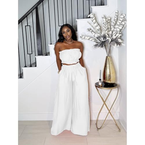 Image of Two Piece Sets for Women Summer Outfits Crop Tops and Wide Leg Pants Sets Sexy Jumpsuits Vacation Outfits with Pockets