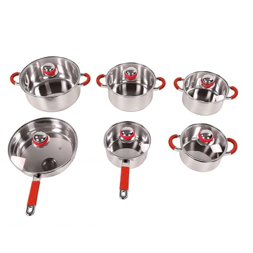 Zhjvihx Juego de Baterías de Cocina de Acero Inoxidable, Juego de 6 Ollas y Sartenes con Tapas de Vidrio y Base Reforzada de Triple Capa para Todas Las Placas de Inducción, Gas (rojo)