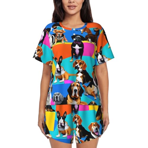 HDSKFNS Pyjama imprimé Beagle pour femme, ensemble 2 pièces, vêtements de nuit à manches courtes, vêtements de détente pour la maison décontractée, Noir , XL