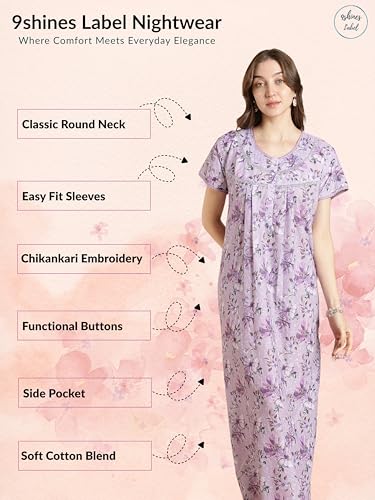 Image of 9shines Label Stylish Chikankari Cotton Nighty Maxi for Women | Full Length Nightgown | Nightdress with Pocket | Embroidery Nighty | Soft Comfortable Cotton Nightwear (1545)