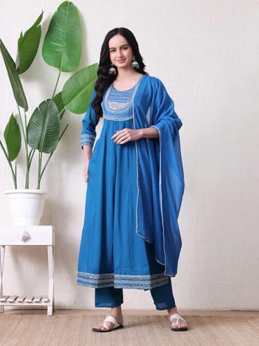 Image of Amazon Brand - Tavasya Women Rayon Straight Kurta Pant Dupatta Set | Embroidered Ethnic Suit Set | Regular Fit Kurta with Pant & Dupatta