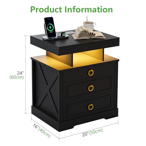 Image of HNEBC Night Stand Set 2 with Gun Drawers, Farmhouse Nightstand with Charging Station, Smart End Table with 3 Colors Auto Lights, Bedside tabel with Hidden Compartment,Bedroom Set (2-Black)