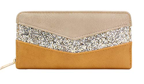 CRAZYCHIC - Portefeuille Paillettes Grande Capacité Femme - Compagnon Porte-Monnaie Long Bande Strass Brillant Cuir PU Multicolore - Plusieurs Compartiments Cartes - Tendance Mode - Marron Camel Cover