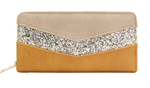 CRAZYCHIC - Portefeuille Paillettes Grande Capacité Femme - Compagnon Porte-Monnaie Long Bande Strass Brillant Cuir PU Multicolore - Plusieurs Compartiments Cartes - Tendance Mode - Marron Camel