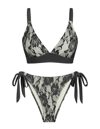 Image of seamoly 2 Pieces Lace Bikini V-Neck Swimsuits for Women Tie Side Bikini Set Classic Black S