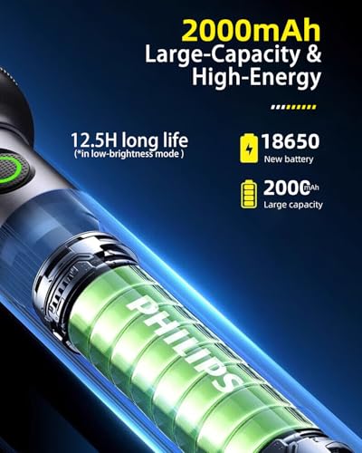 Image of Philips Torch Light, 9W 2000mAh Handheld Flashlight Rechargeable and Stepless Dimming, 650 Lumens, 5 Lighting Mode, 450M Coverage, Portable Led Torch Light for Home, Camping, Hiking, Emergency