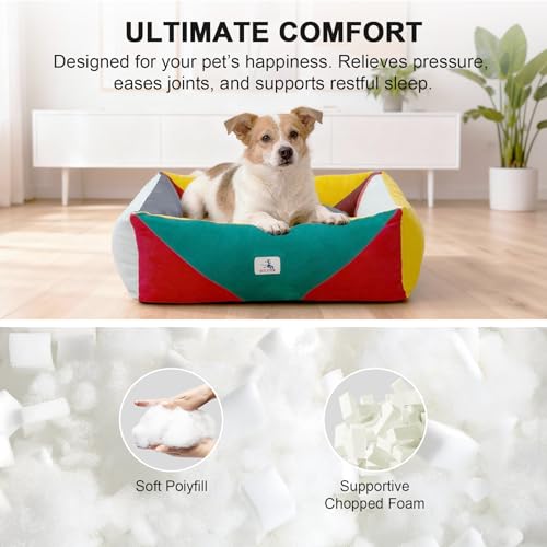 Welfibr Cotton Canvas Dog Bed, Cute Dog Bed Medium Size Dog, Puppy Bed with Washable Removable Cover, Durable 290 GSM Cotton Anti-Chewing Pet Bed with Anti-Slip Bottom (30"x25"x10", Red&Yellow&Green) by Welfibr - Image 3