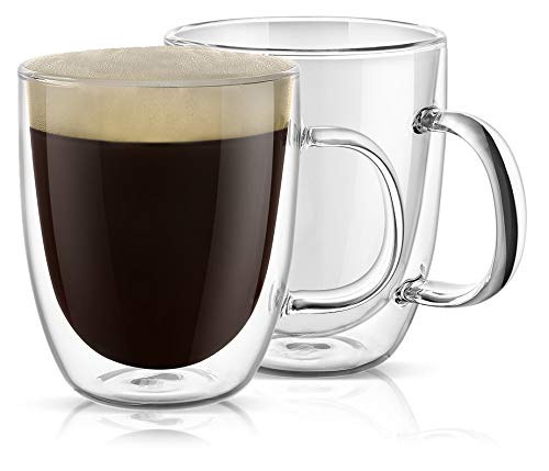 PunPun Large Clear Coffee Mugs Set of 2, Jumbo Mugs Double Wall Insulated Glass Mugs, Premium Glasses Set, Unique Glass Coffee Mugs with Big Handle, 17 oz 500ml