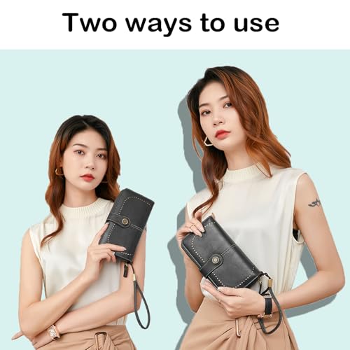 BYWAUQI Wallets for Women Leather Large Capacity Credit Card Holder for Women with Wristlet Zipper Pocket ID Window(black)2