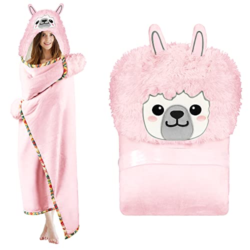 Product Image of the Llama Wearable Hooded Blanket for Adults – Super Soft Warm Cozy Plush Flannel Fleece & Sherpa Hoodie Throw Cloak Wrap - Llama Gifts for Women Adults Girls and Kids