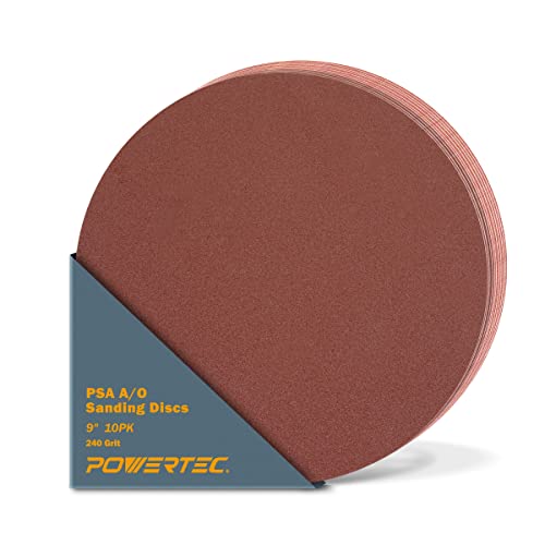POWERTEC 10 PCS 240 Grit 9 Inch PSA Sanding Discs, Self Stick Adhesive Sandpaper, 9
