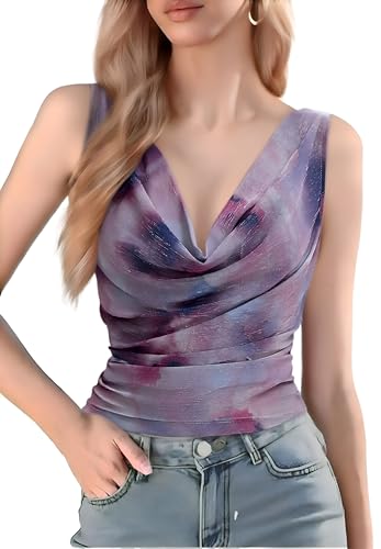 Women's Cowl Neck Sleeveless Top 2026 Sleeveless Ruched Floral Printed Shirts Summer Tank Tops (US, Alpha, Medium, Regular, Regular, Purple) - image 1