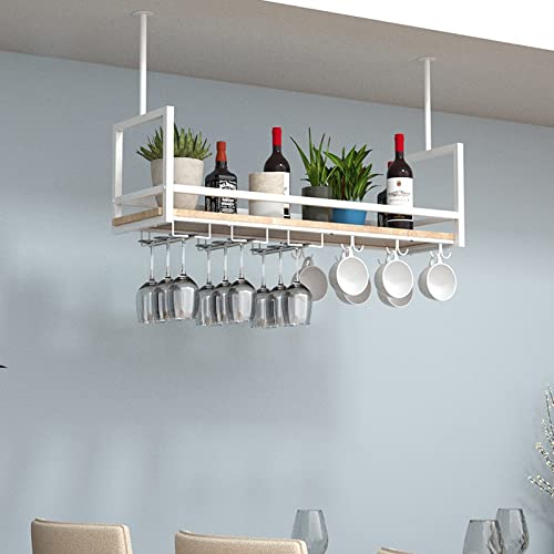 deckenregal Hängendes Weinregal Mit Glashalter Und Regal, Eisenweinglasregal Mit Leitplanke, Deckendekorationsregal Für Bars, Restaurants, Küchen, Weiß (Size : 120 * 30 * 60cm) Cover