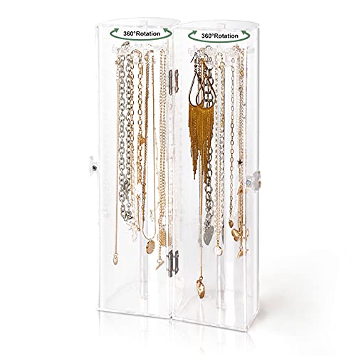 Acrylic Necklace Holder, Clear Necklace Organizer With 24 Hooks, Dustproof Rotation Jewelry Storage Holder Stand, Long Necklaces Pendant Bracelets Display Case For Dresser Bathroom Vanity Countertop #TOP5