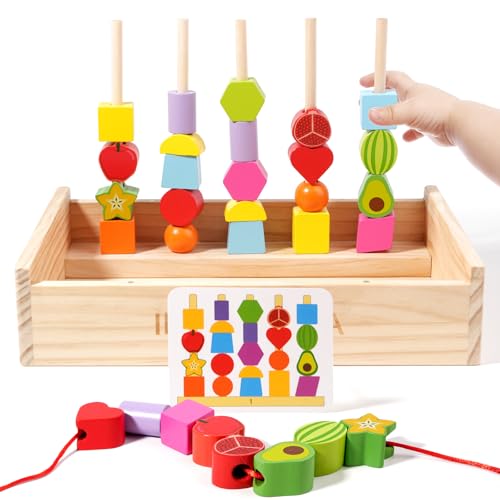 Image of INIFEIDALA Montessori Toys for 3 4 5 Year Old,Stacking Blocks,Lacing Beads & Shape Stacker,Wooden Beads Sequencing Toy Set,Fine Motor Skills & STEM Preschool Learning Gifts for Toddlers Boys & Girls