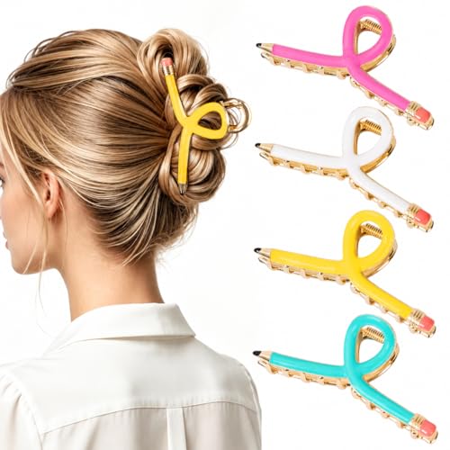 4 PCS Pencil Hair Claw Clips for Women Teacher Hair Clips for Thick Thin Hair Cute Back to School Hair Accessories Teacher Appreciation Gifts