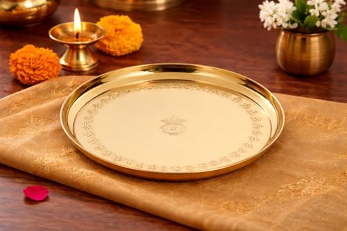 Image of Mkd2 Rise Brass Pooja Thali Plate with OM Design - 10 Inch (25 cm) Aarti Puja Plate for Home, Temple & Mandir, Diwali Gift, 1 Piece