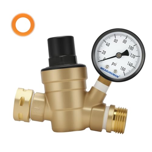 MEASUREMAN RV Water Pressure Regulator Valve, Brass Lead-Free Adjustable Water Pressure Reducer with Gauge and Inlet Screen Filter for RV Camper Travel Trailer