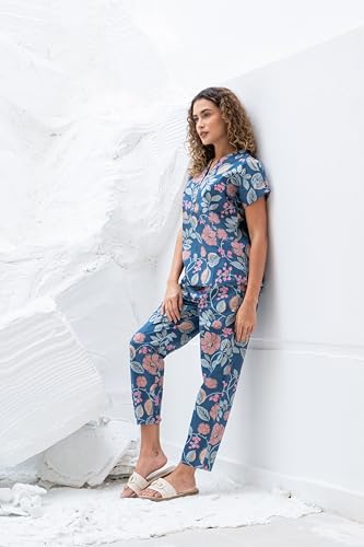 Image of SANSKRUTIHOMES Women's Premium 100% Cotton Printed Co-Ord Set | Short Sleeve Shirt & Pant Set | Pink Checkered Sun & Palm Tree Print | Casual Summer Resortwear, Vacation Wear & Comfortable Loungewear