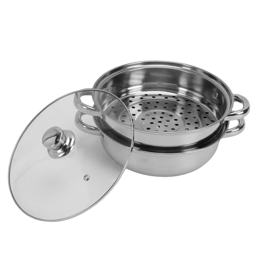 OEBUAFI Olla de de Acero Inoxidable, Juego de Utensilios de Cocina Apilables de 2 Niveles con Tapa de Vidrio Ventilada y Cesta de, Apta para Lavavajillas, para Estufa de Gas, Placa de
