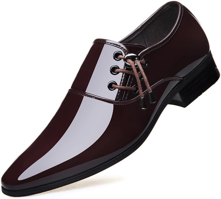 Dress Oxford for Men Lace Up Pointed Toe Vegan Leather Shiny Shoes Slip Resistant Rubber Sole Anti-slip Wedding