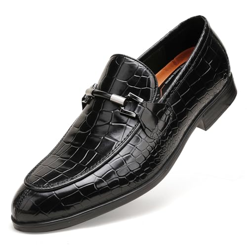 Image of Mens Leather Penny Loafers, Classic Crocodile Printed Business Dress Shoes with Metal Buckle Slip on Penny Shoes for Mens