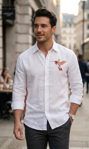 Image of MR. FASHION Men's Premium White Linen Shirt with Embroidered Bird Design | Full Sleeve Lightweight Stylish Shirt for Men.