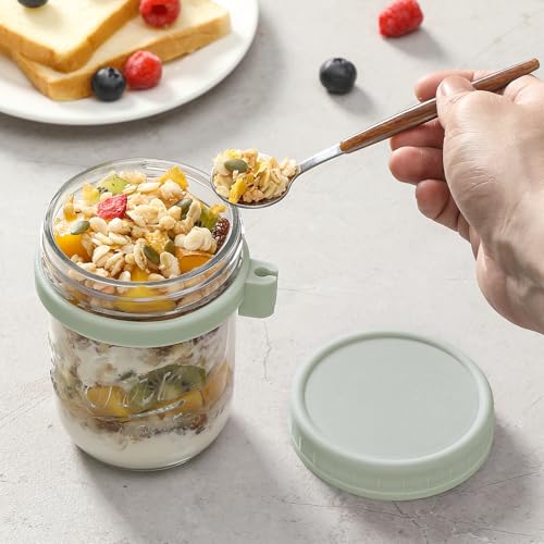 Image of LANDNEOO 4 Pack Overnight Oats Containers with Lids and Spoons, 16 oz Glass Mason Jars with Airtight Lids, Overnight Oats Jars for Milk, Cereal, Fruit-Green