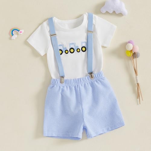 Baby Boys Tractor Outfit Toddler Summer Clothes Embroidery Romper + Suspender Plaid Shorts 2 Pieces Set2